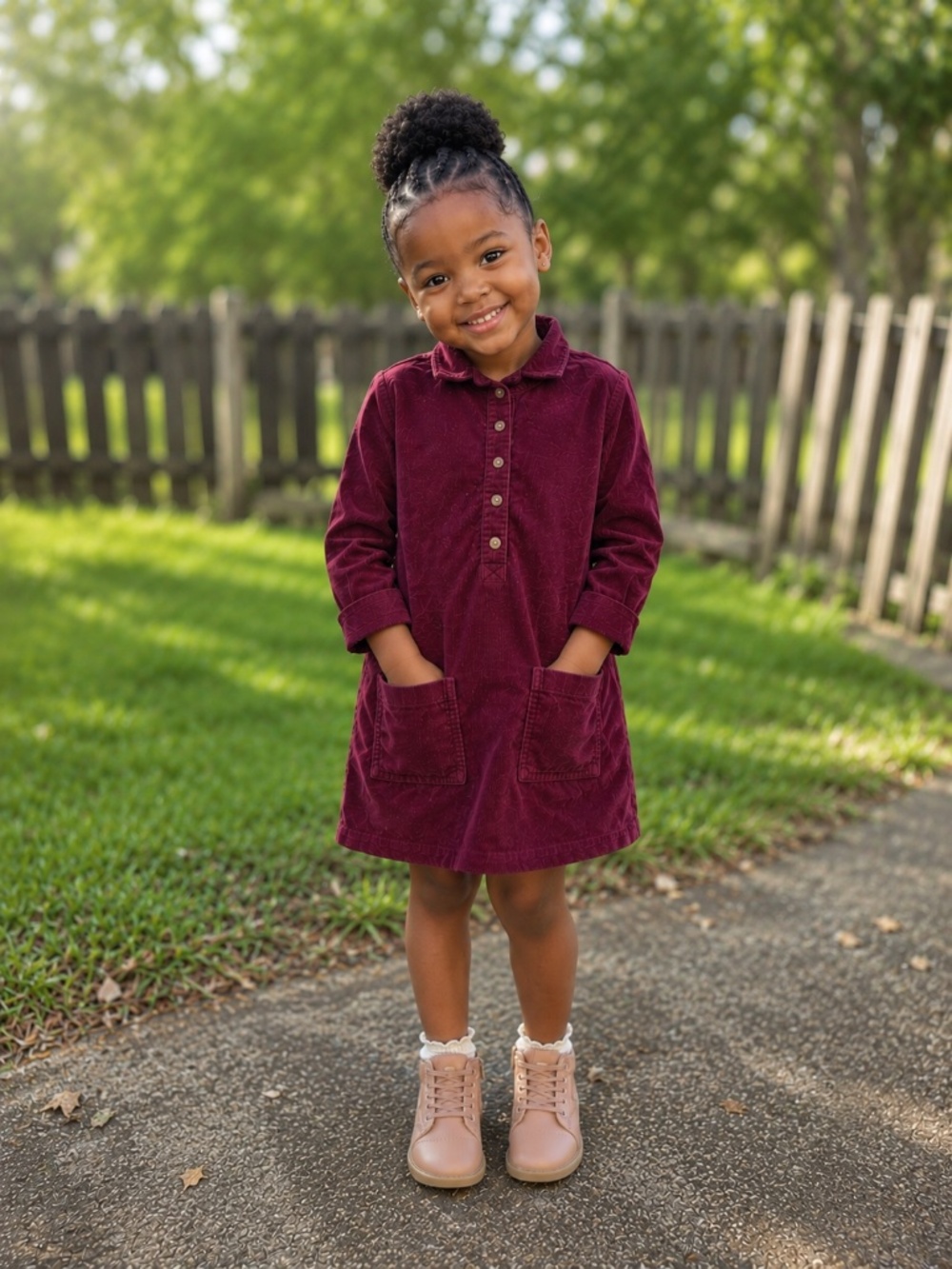 Burgundy Corduroy Girls’ Long-Sleeve Dress with Front Pockets